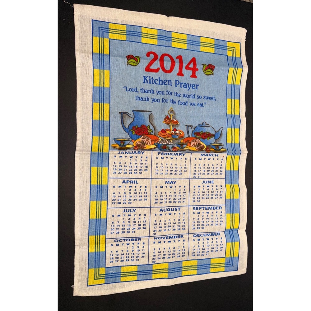 Family Chef 2014 Kitchen Prayer Calendar Towel Tea Time Blue Yellow Cotton 24"